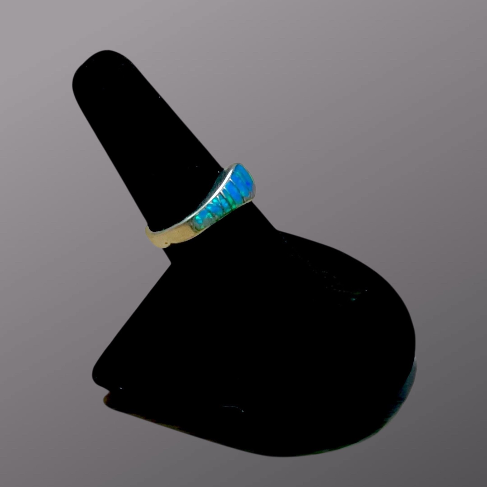 Sterling Silver Inlay Blue Lab Created Opal Band Ring Size 8-1/2