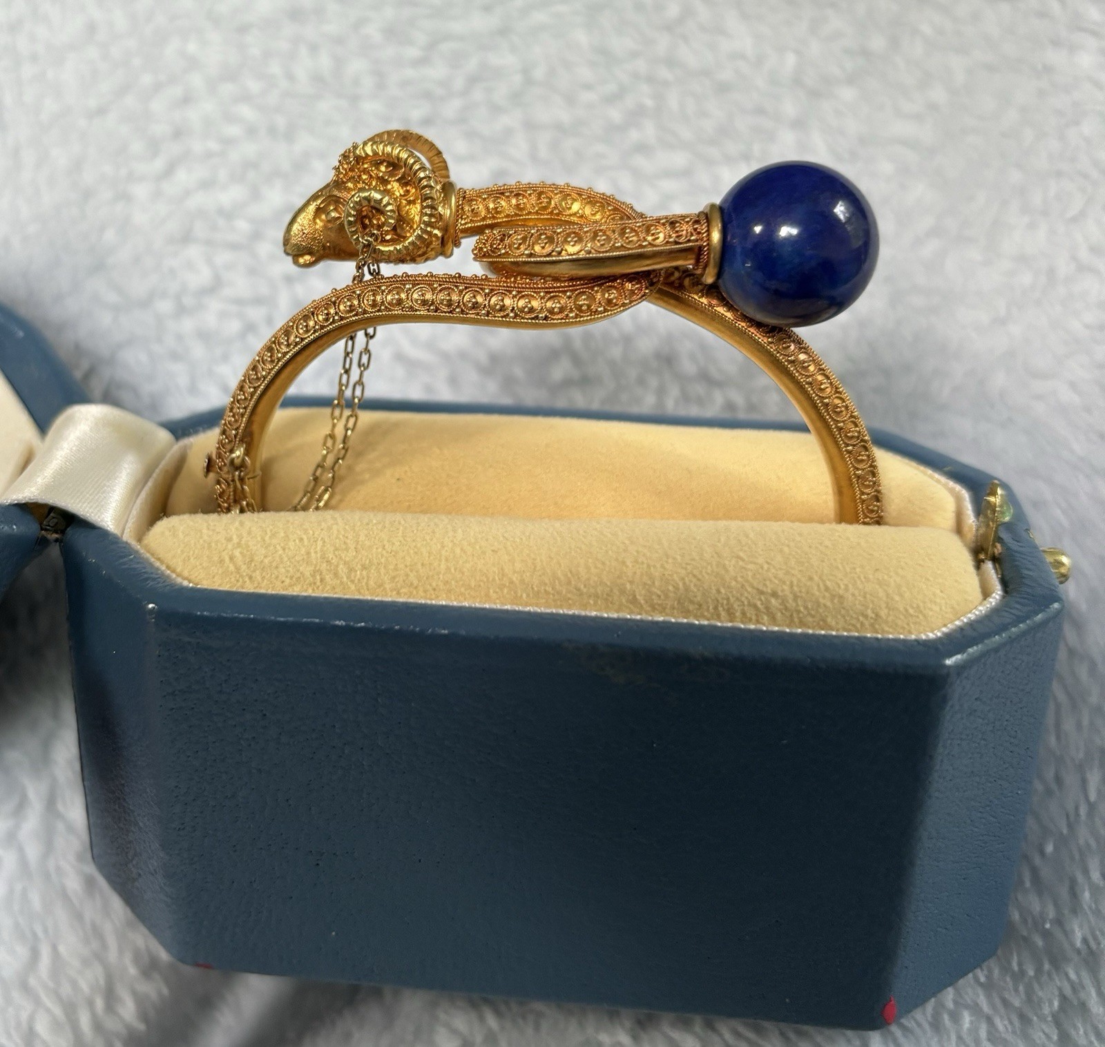 Victorian Etruscan Revival Lapis & Ram’s Head Bangle