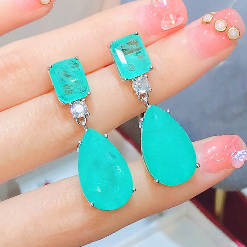 New Hotsale Neon Blue Tourmaline Gems Fashion Women Silver Stud Dangle Earrings