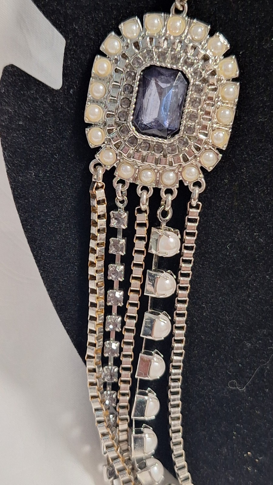 Silver Tone Layered Cable Chain Necklace Blue Rectangle Crystal Faux Pearl