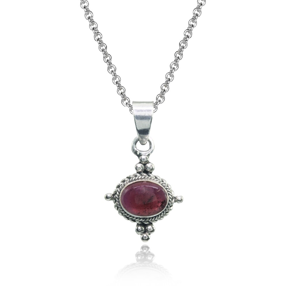 Oval Simulated Cabochon Garnet Bali Bead Twist Rope Necklace in Sterling Silver