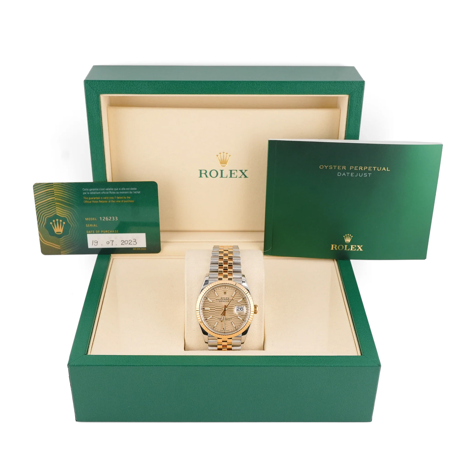 Rolex 126233 Datejust 36 mm Golden Fluted Motif Dial Jubilee Box & Papers 2023