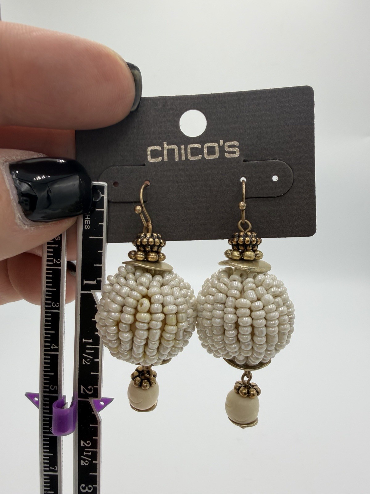Chico’s white seed bead drop earrings with gold-tone New