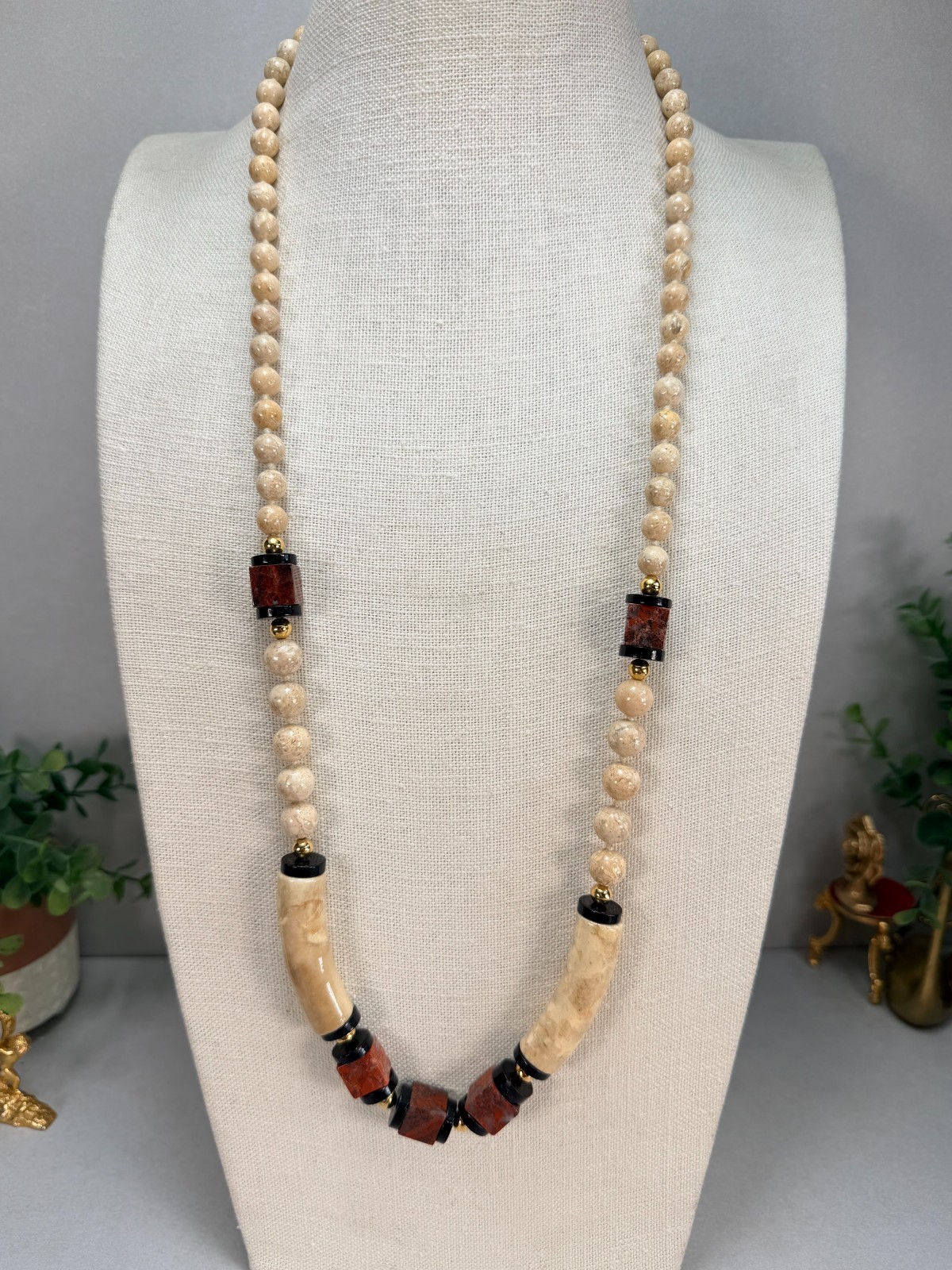 Vintage Ceramic -Jasper Beaded Statement Necklace Black Beige Brown Long Strand