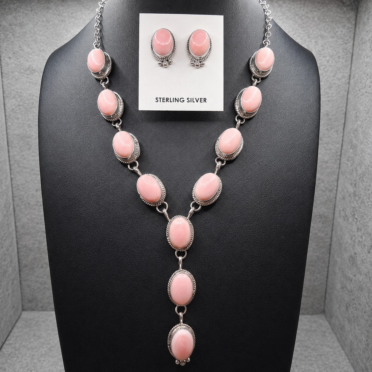 Martinez Pink Conch Lariat Necklace Earrings Set Sterling Silver Navajo Signed