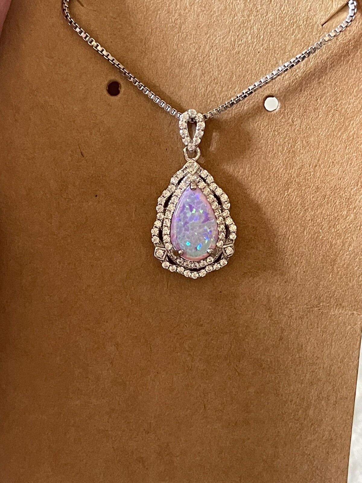 Sterling Silver Pear Pink Lab Opal CZ Necklace 22 Inch Chain