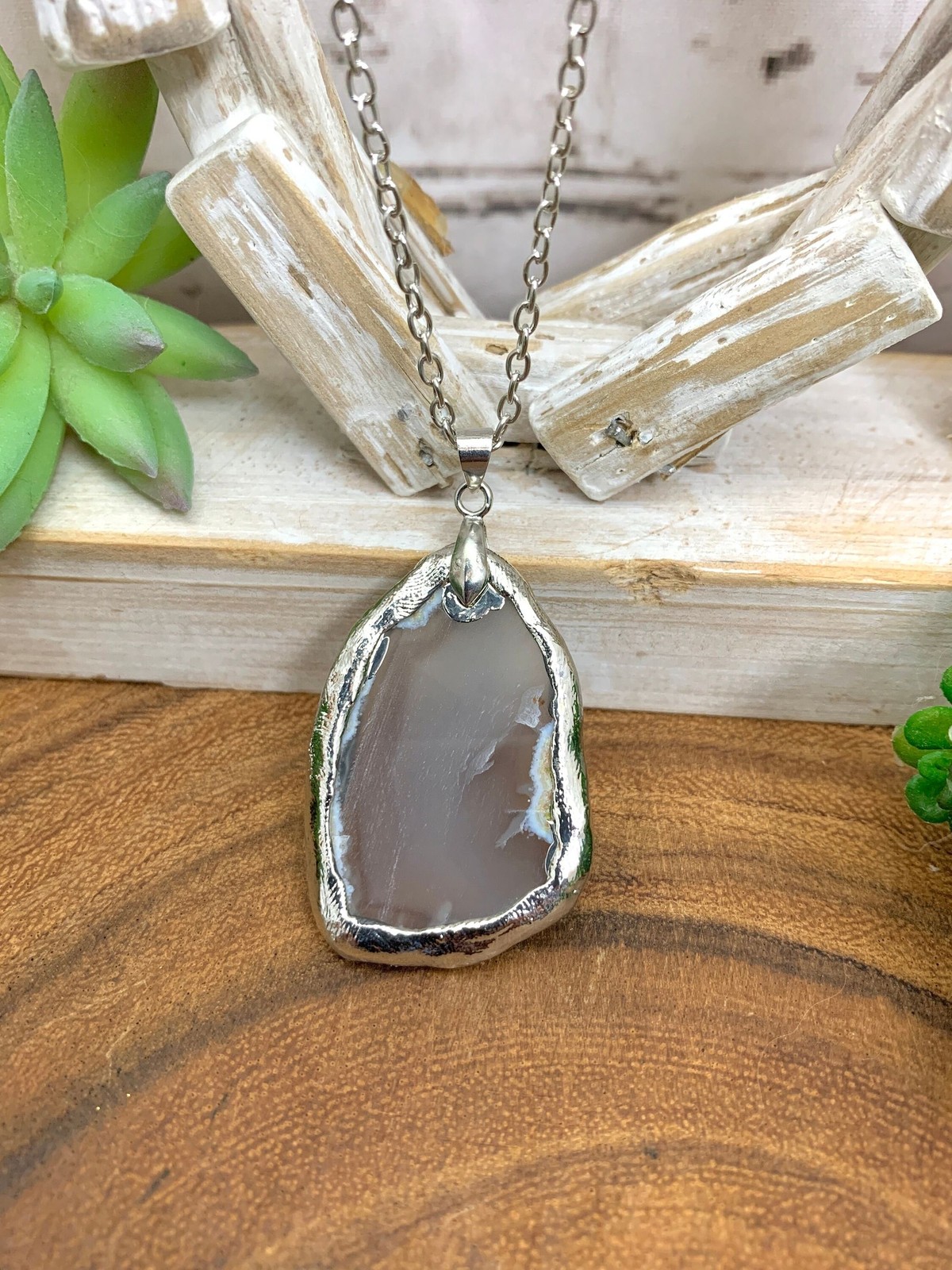 Sliced Agate Pendant Necklace: Silver Onyx Slab Pendant