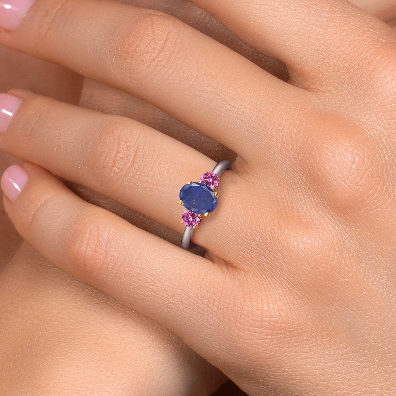 925 Silver and 10K Yellow Gold Blue Lapis and Pink Moissanite Engagement Ring