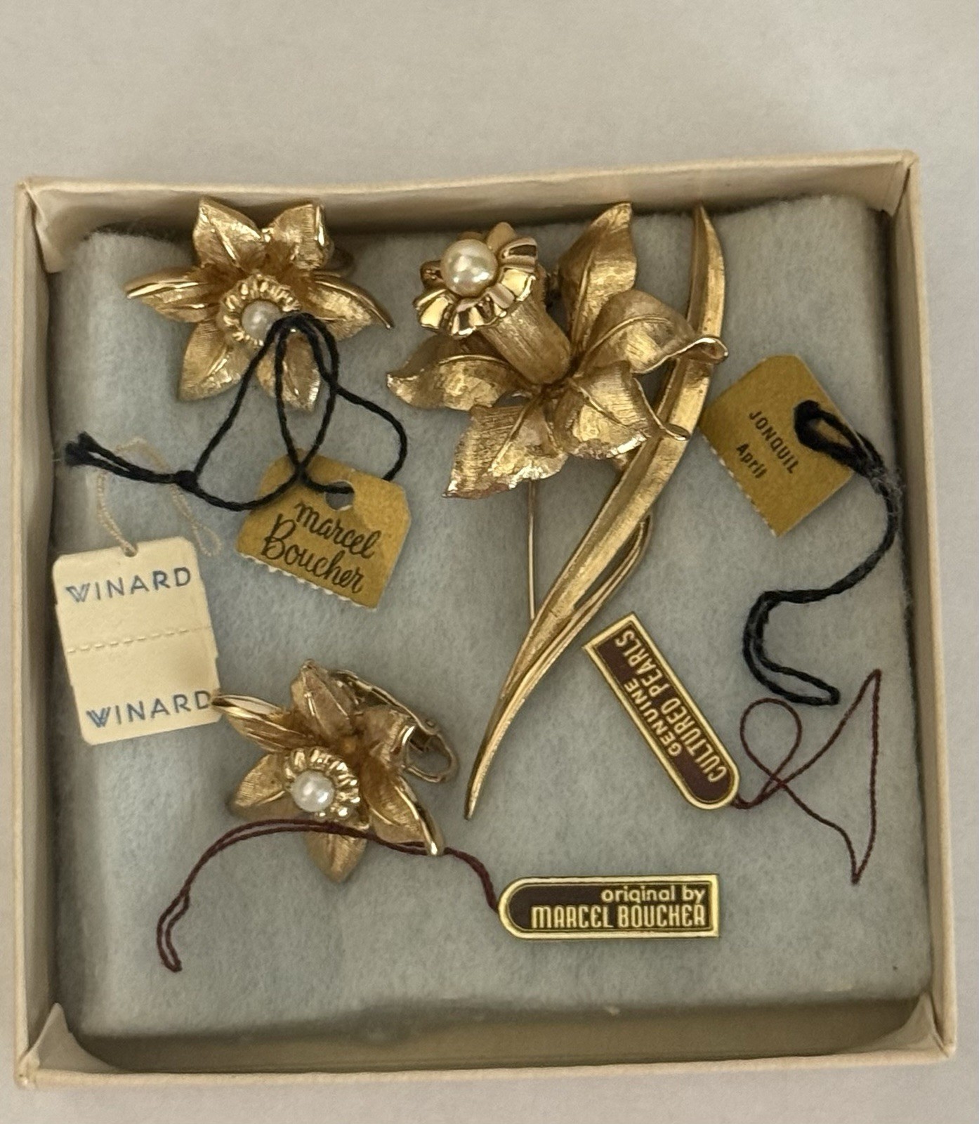 Vintage 1964 Marcel Boucher Jonquil Daffodil Brooch Earring Set Box Tags 8692