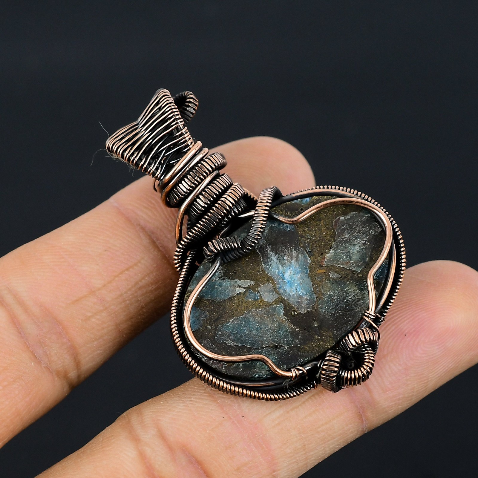Copper Neon Apatite Handmade Gemstones Copper Wire Wrapped Moonstone Pendant