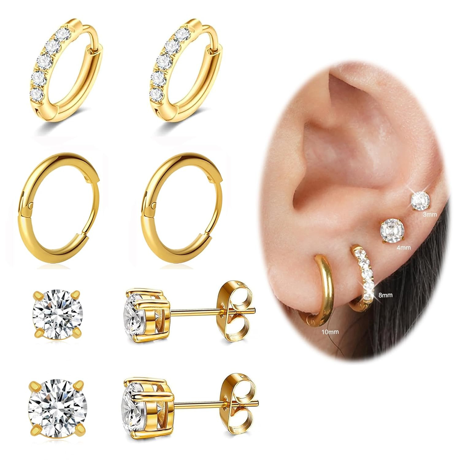 4 Pairs Gold Studs Earrings for Women, 14K Gold Plated Huggie Hoop Stack Earring