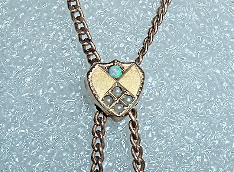S.O.B. 12K GF Pocket Watch CHATELAINE CHAIN Seed PEARLS Fire OPAL 48″ 13.5grs