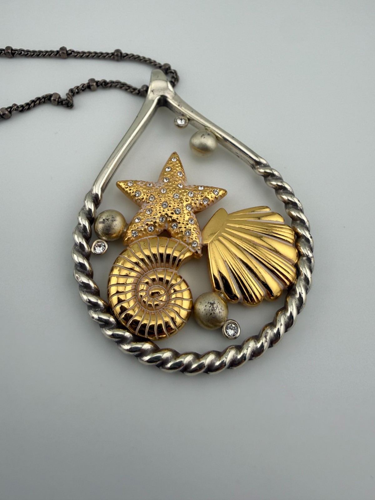 Brighton Sea Life Statement Necklace Starfish Shell Nautilus Mixed Metal 36″