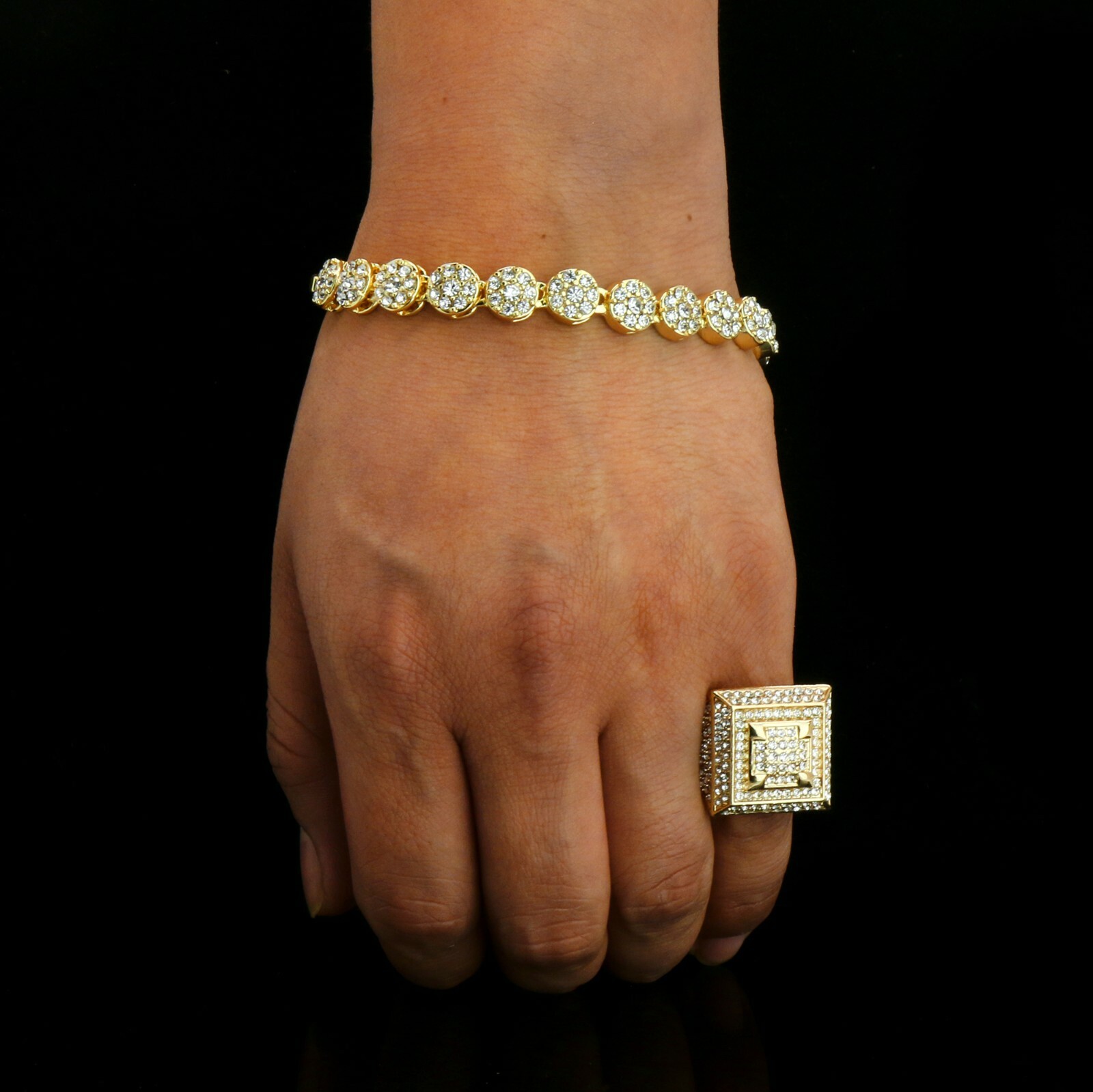 Men’s Gold Plated Iced Cubic-Zirconia Hip-Hop Round Flower Bracelet 3D Dome Ring