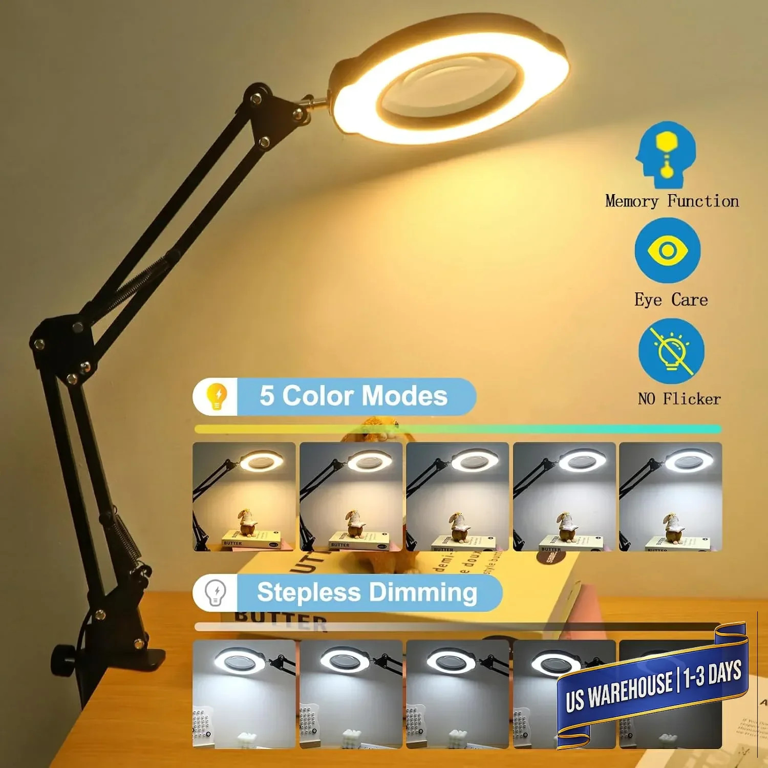 12X Magnifying Glass with Light and Stand, Upgrade Real Glass Magnifying lamp, 5