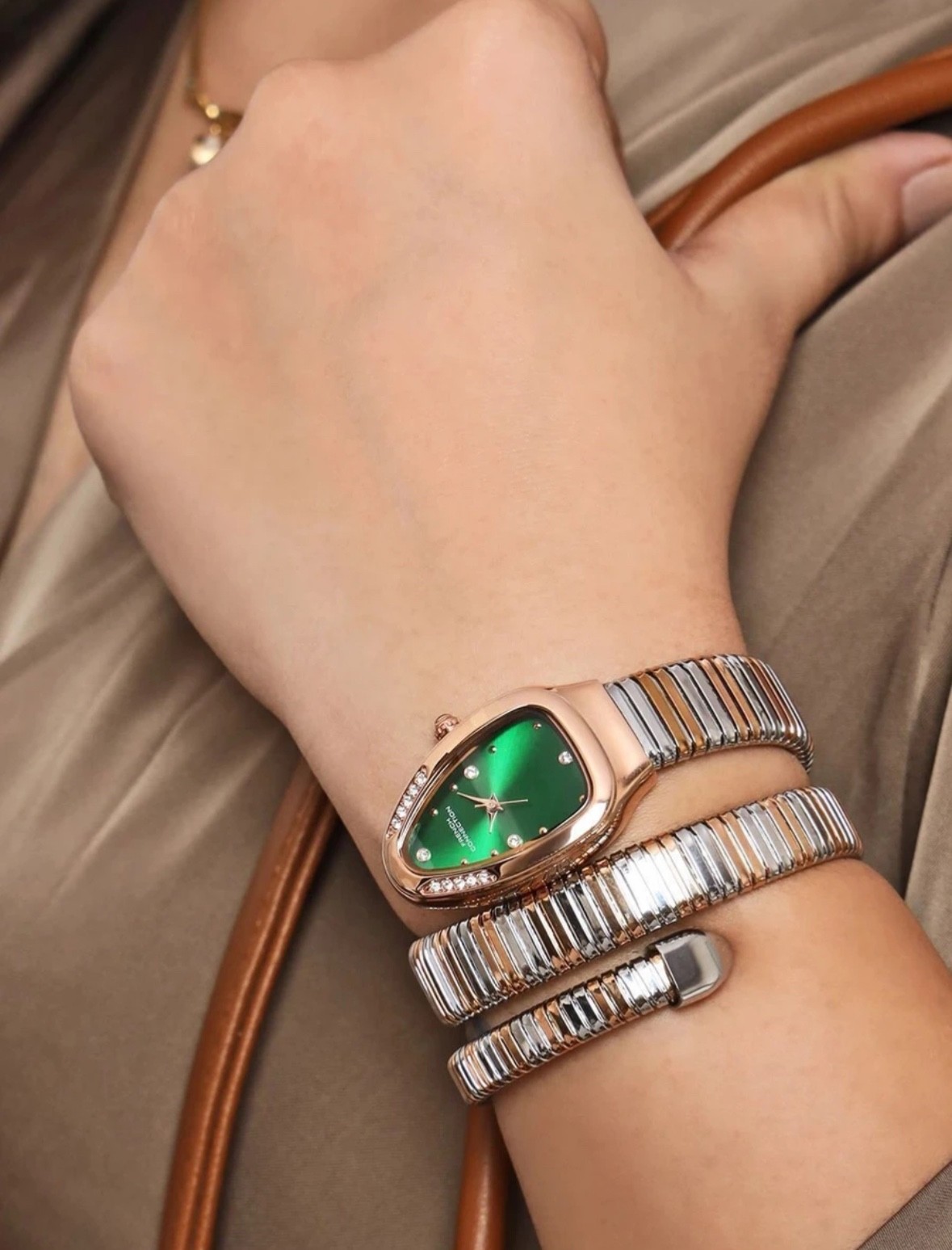 French Connection Women’s Serpent Style Green Dial Gold Tone Quartz Bracelet Wat