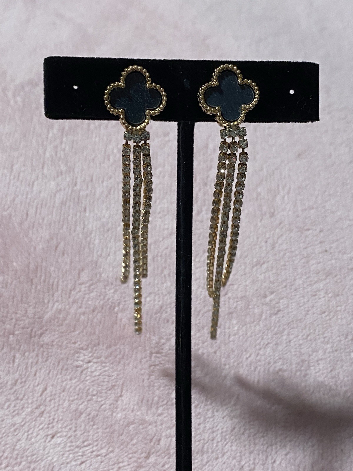 Gold /Black Clover Tone Drop/Dangling Tassel Clear Rhinestones Earrings NWT