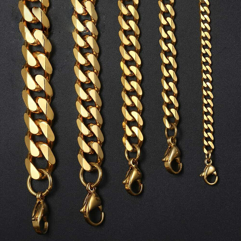 14K Gold Plated Stainless Steel Cuban Curb Chain Necklace Bracelet 3/5/7/9/11mm