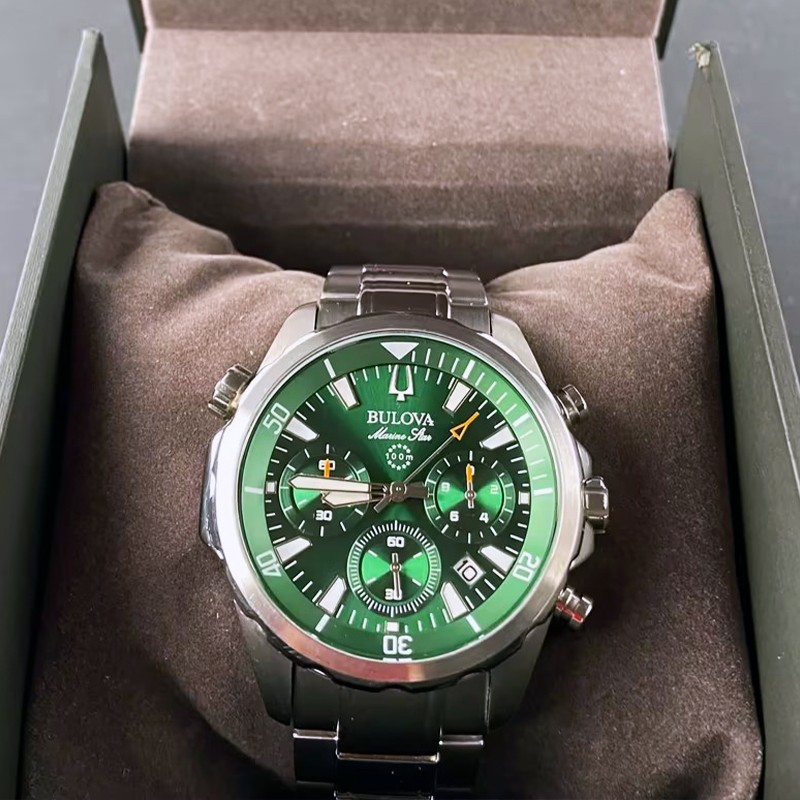 Bulova Men’s Marine Star 96B396 Green Dial Quartz Chronograph Watch 43MM