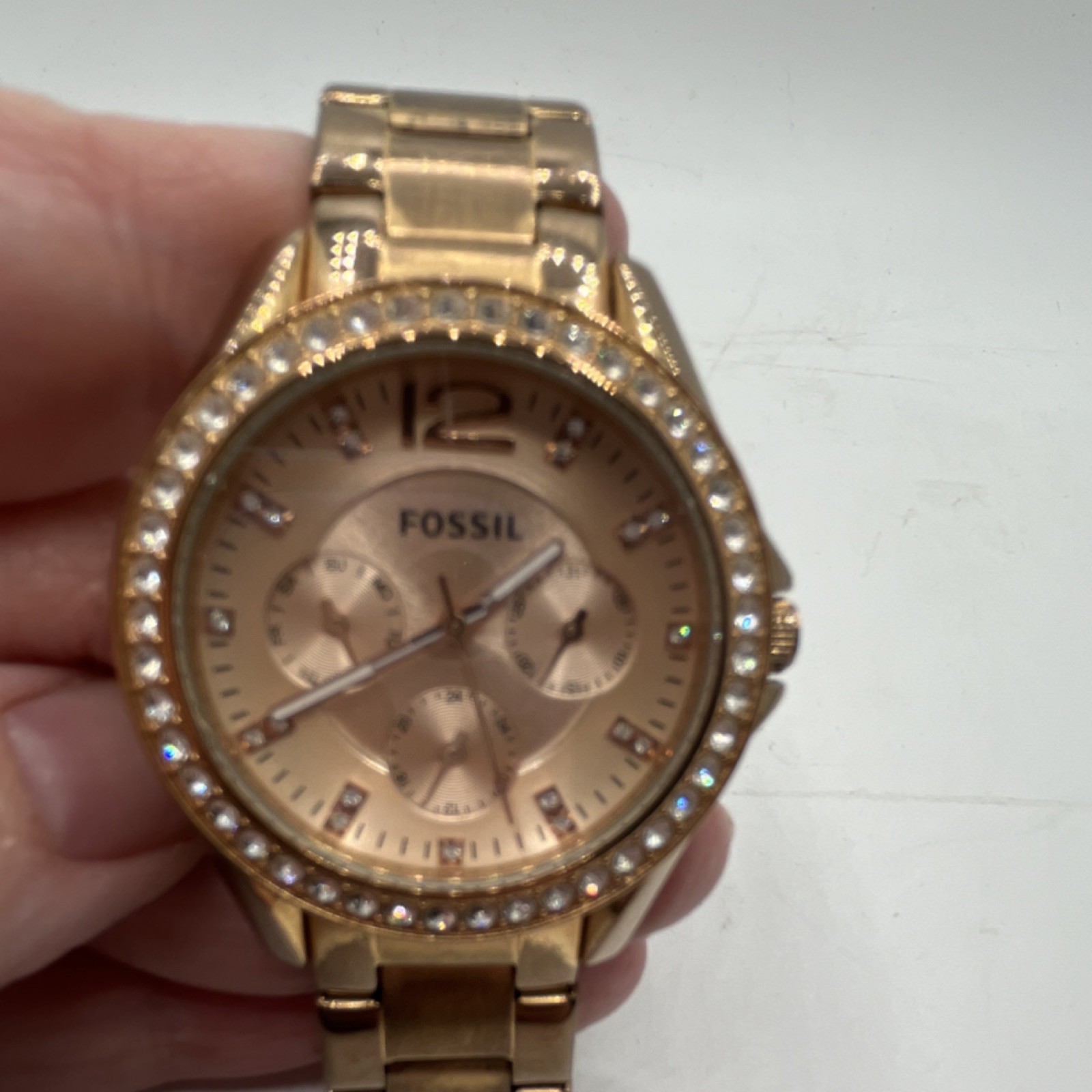 Fossil Riley Women’s Quartz Analog 38mm Gold Dial Crystal Bezel 50m Bracelet