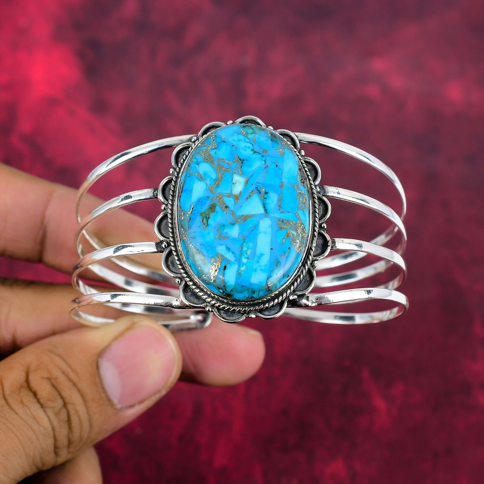 Copper Blue Turquoise Gemstone Handmade 925 Silver Adjustable Bangle Jewelry