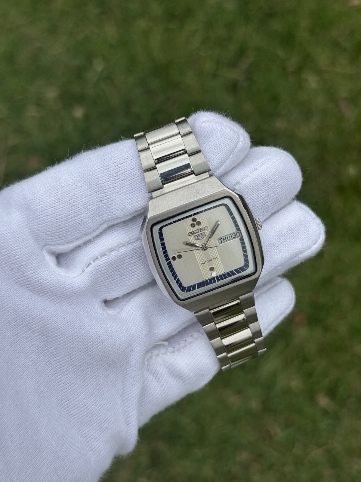Vintage Seiko 5 Automatic 6309 Mens WristWatch Silver TV Dial Day Date Japan 21J