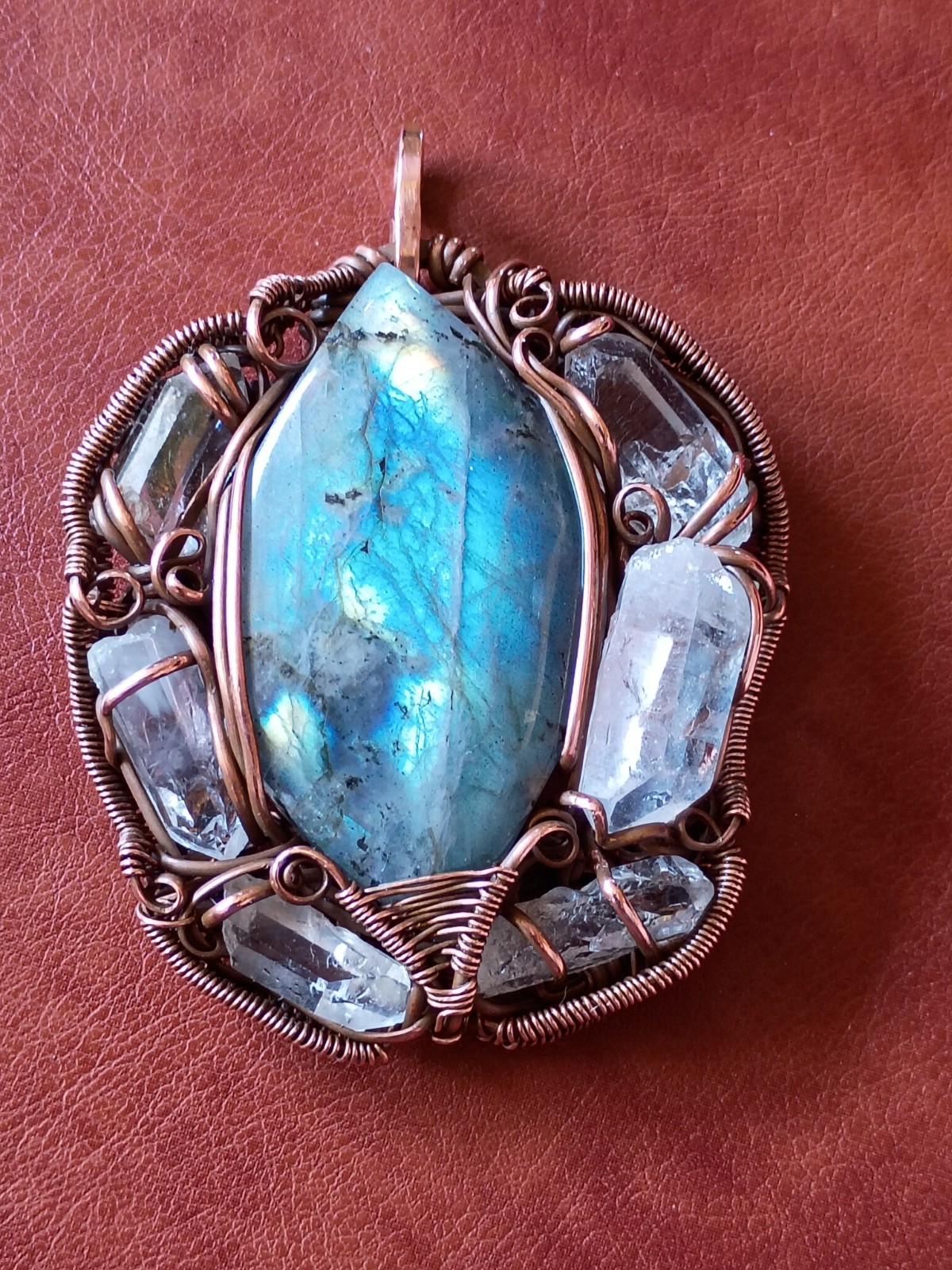 Labradorite Surrounded In Quartz Crystals Wirewrap Pendant Copper Statement