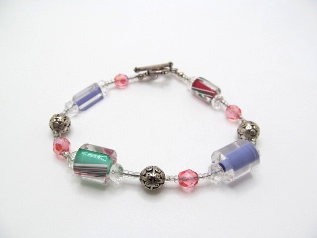 Artisan 925 Sterling Silver Pink Green Purple Filigree Ball Bracelet 8.25 In
