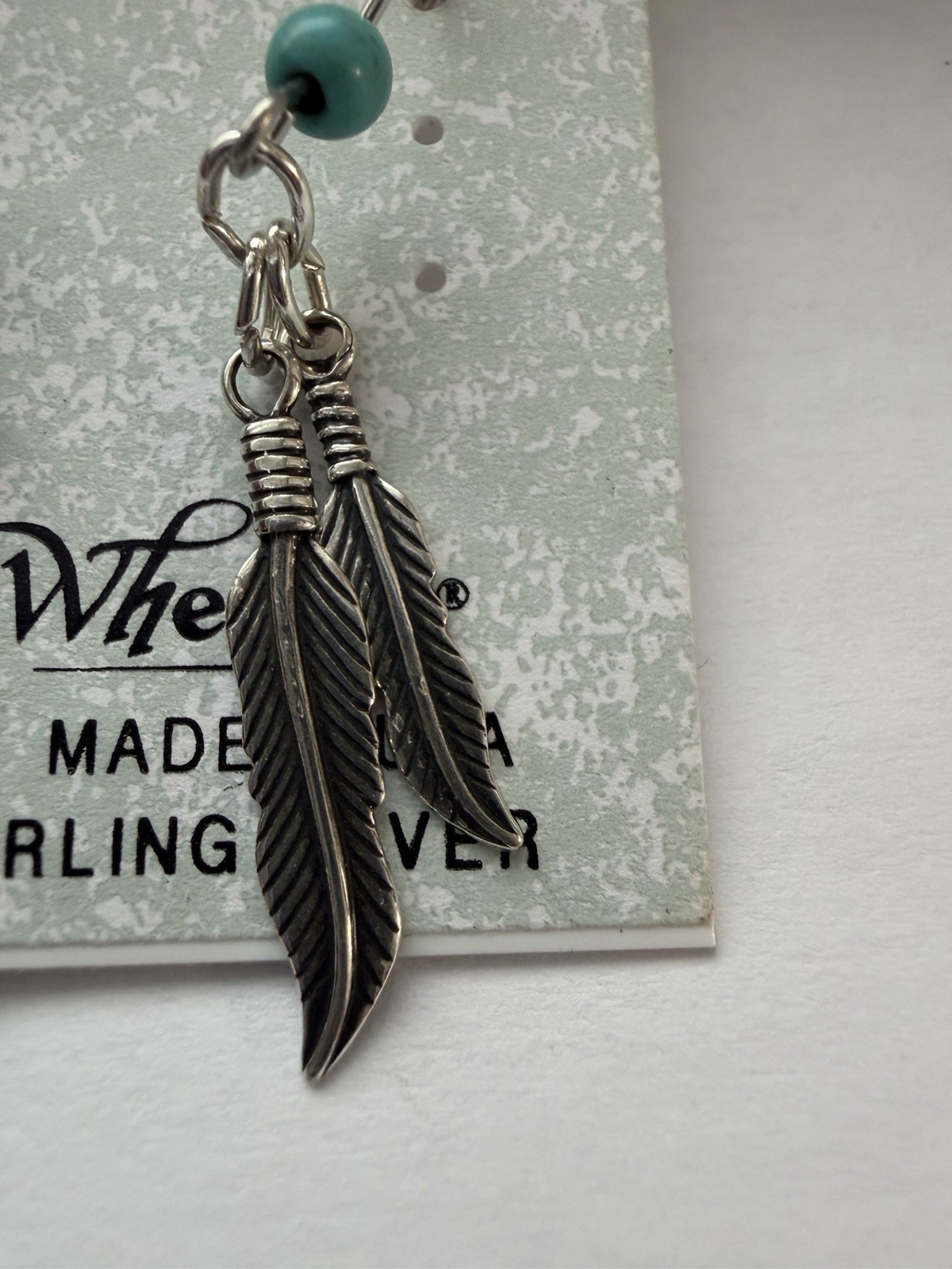 Vintage Wheeler Mfg Turquoise Sterling Silver 925 Feather Dangle Earrings