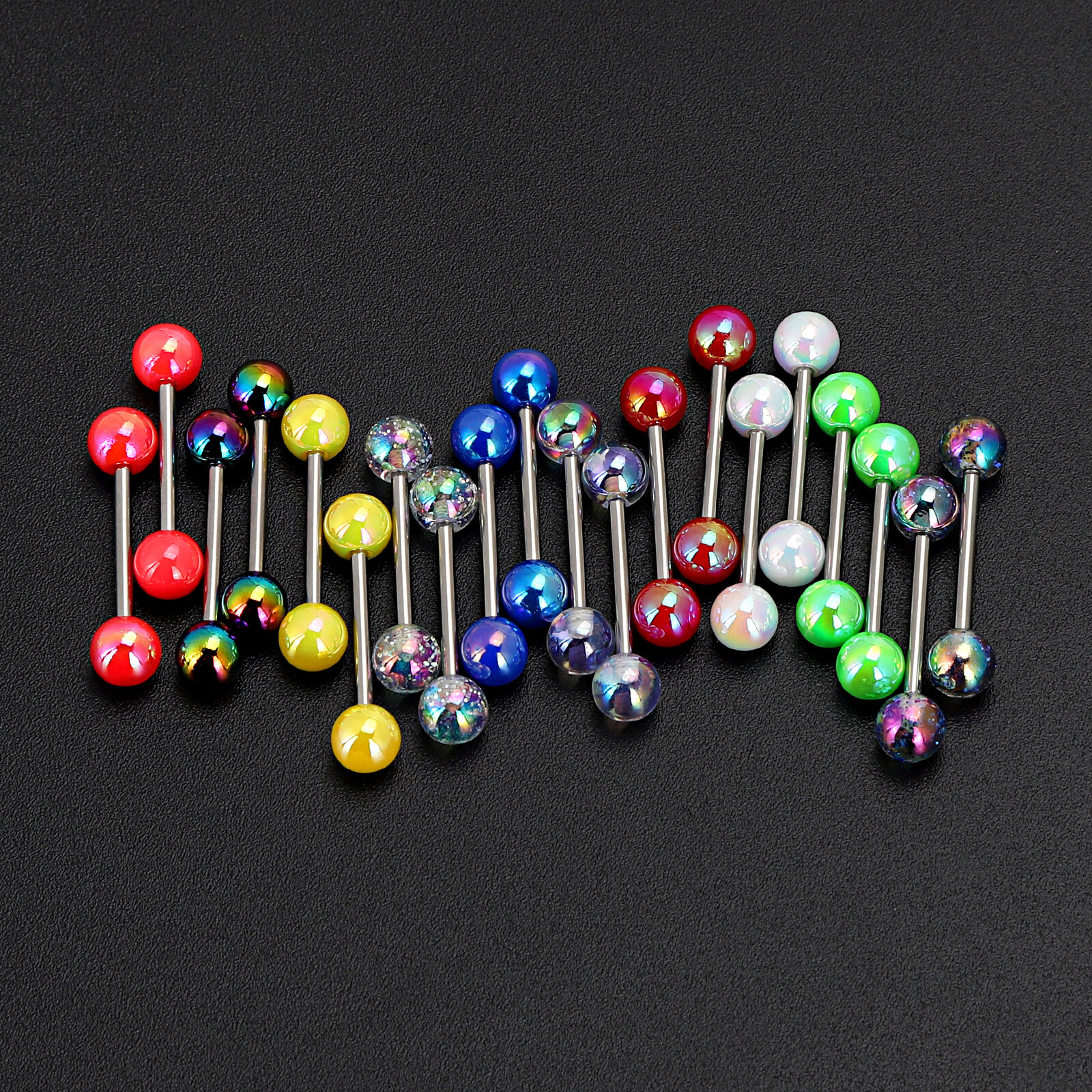 2pcs Colorful Ball Tongue Rings 316L Stainless Steel Barbell Nipple Ring 14G Bar