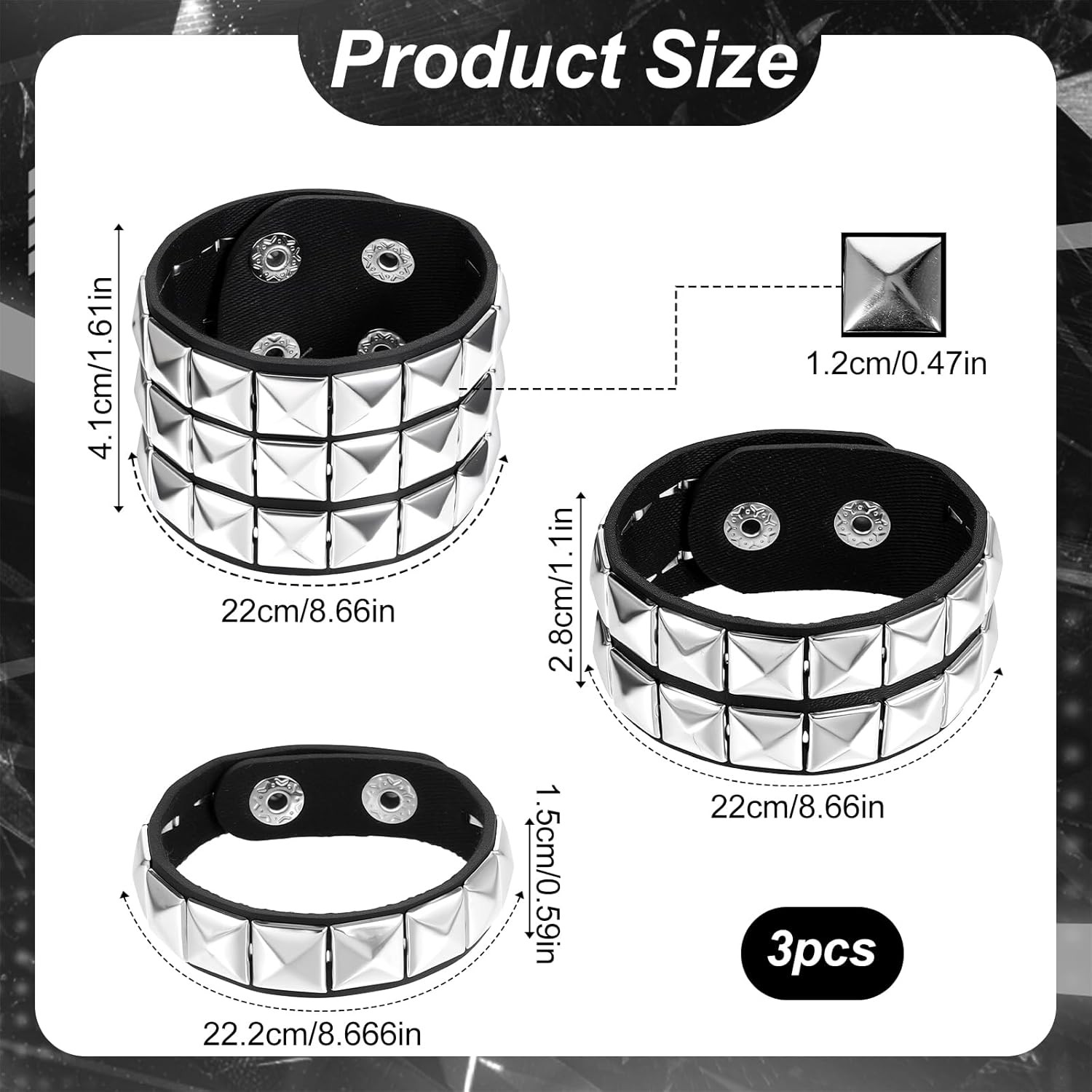 3PCS Studded Bracelet, Leather Bracelet for Men Women, Goth Studded Arm Band