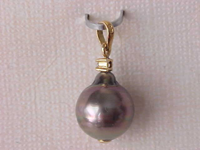 11.5MM X 13.5MM GENUINE TAHITIAN PEARL & DIAMOND PENDANT SOLID 18K YELLOW GOLD