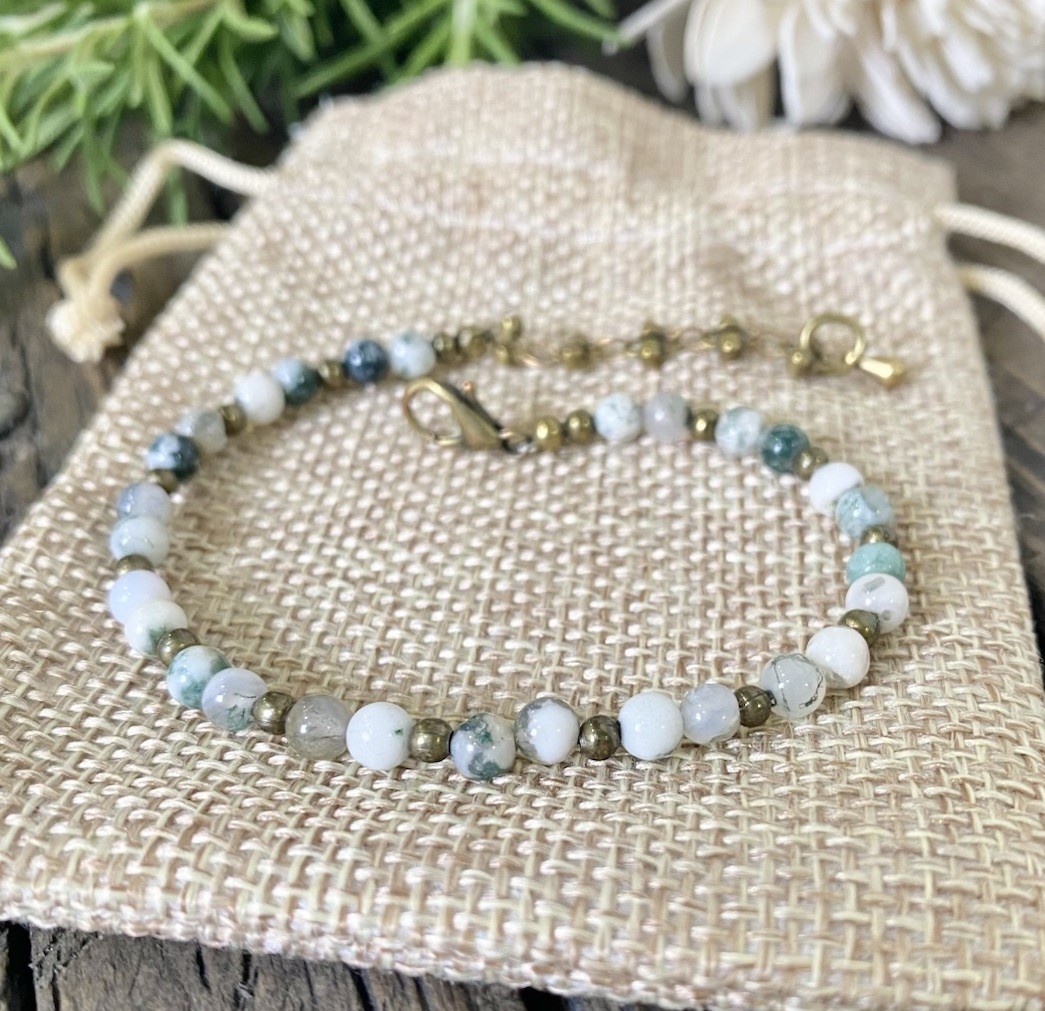 Tiny Green and White Beaded Bracelet on Bronze Chain, Green Tree Agate Gemstone