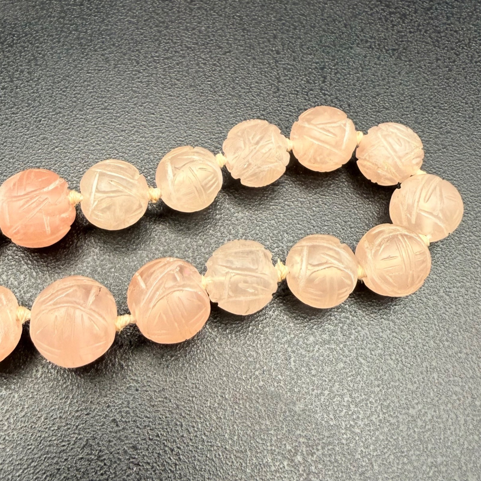 Chinese Export Blush Pink Carved Rose Quartz Necklace Floral Pendant 17 Inches