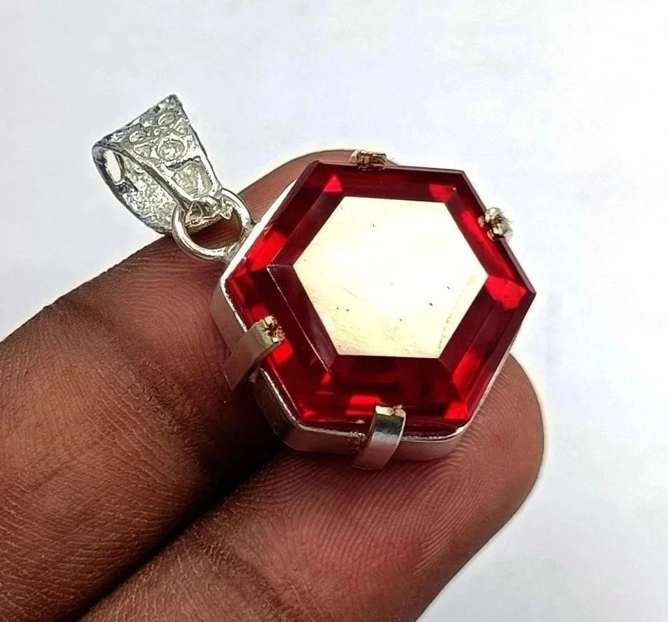 31 Ct Natural Red Ruby Hexagon Cut 925 Solid Silver Certified Gemstone Pendant
