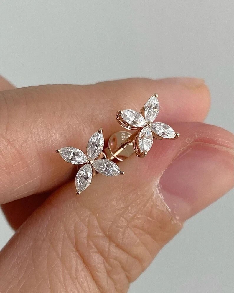 Flower Stud Earring 1.50Ct Marquise Cut Simulated Diamond 14k Rose Gold Plated