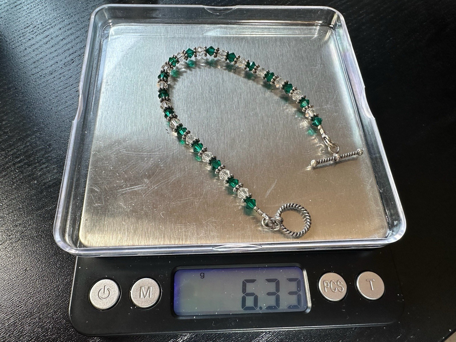 6.33g Vintage Sterling Silver 925 Beaded Link Bracelet Green Accents M 7.2 in
