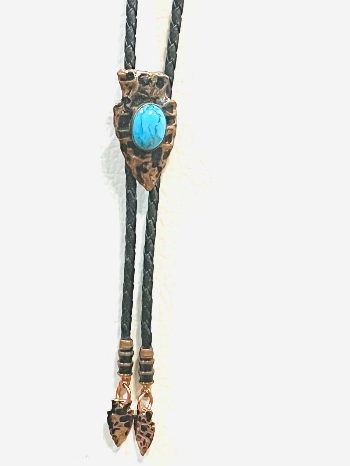 Southwestern Native American Hammered Copper Turquiose Bolo Tie With Dangles