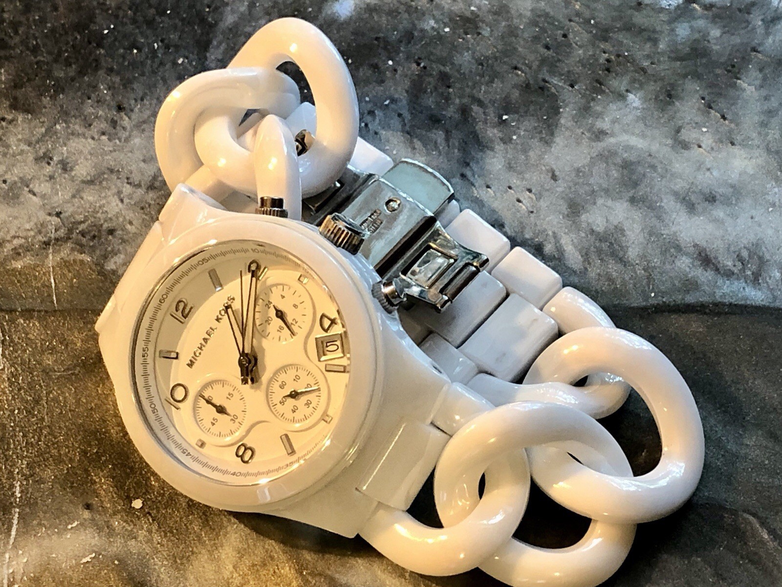 ✨🤍 NOS STUNNING Early MICHAEL KORS White CERAMIC Chain Link Bracelet Watch🤍✨