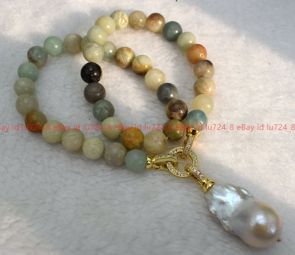 Natural 6/8/10mm Multicolor Amazonite&White Keshi Baroque Pearl Pendant Necklace