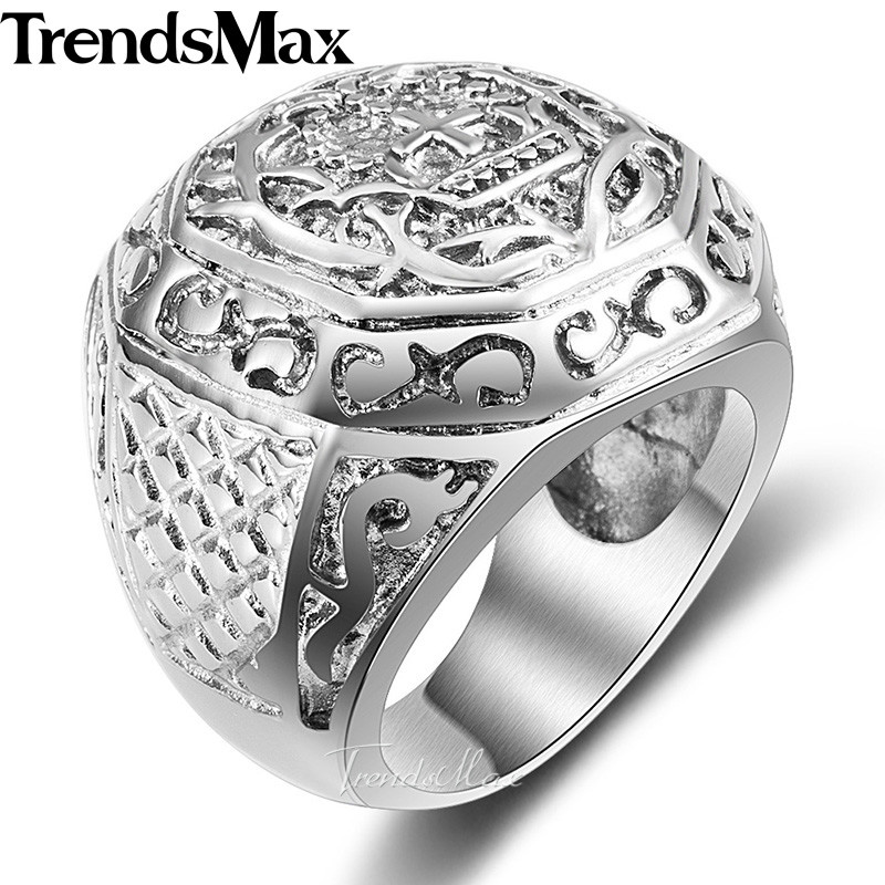 Mens Boys 8-13 Cross Crown Silver 316L Stainless Steel Ring Knight Signet Gift