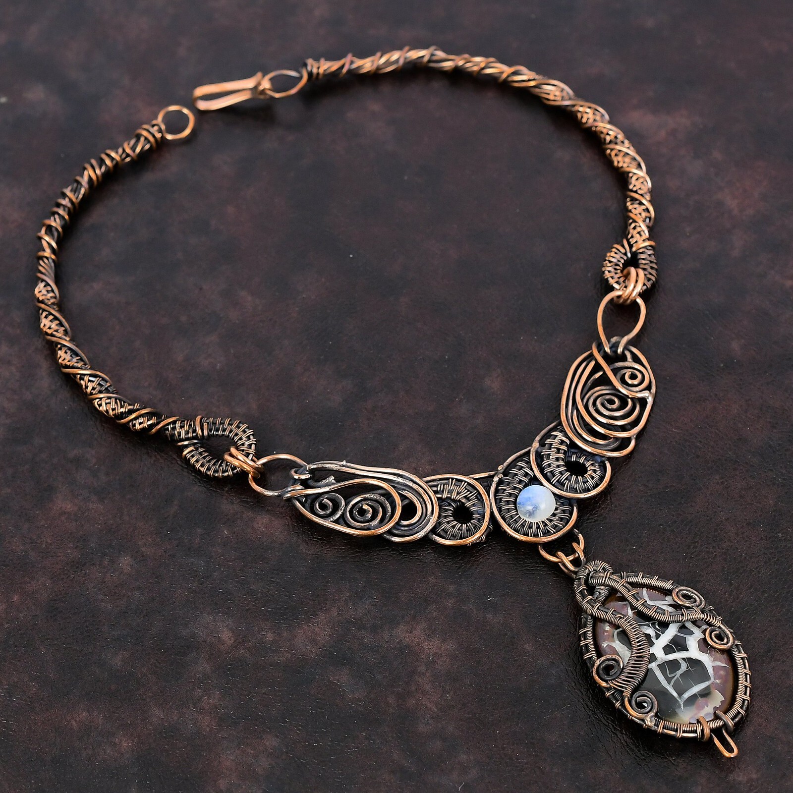 Gift For Her Moroccan Mud Crack Fossil Wire Wrapped Chain Necklace Copper 18.0″