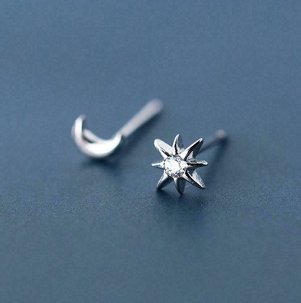 925 Sterling Silver Tiny Moon Star Asymmetric CZ Stud Earrings Women Jewelry AJ