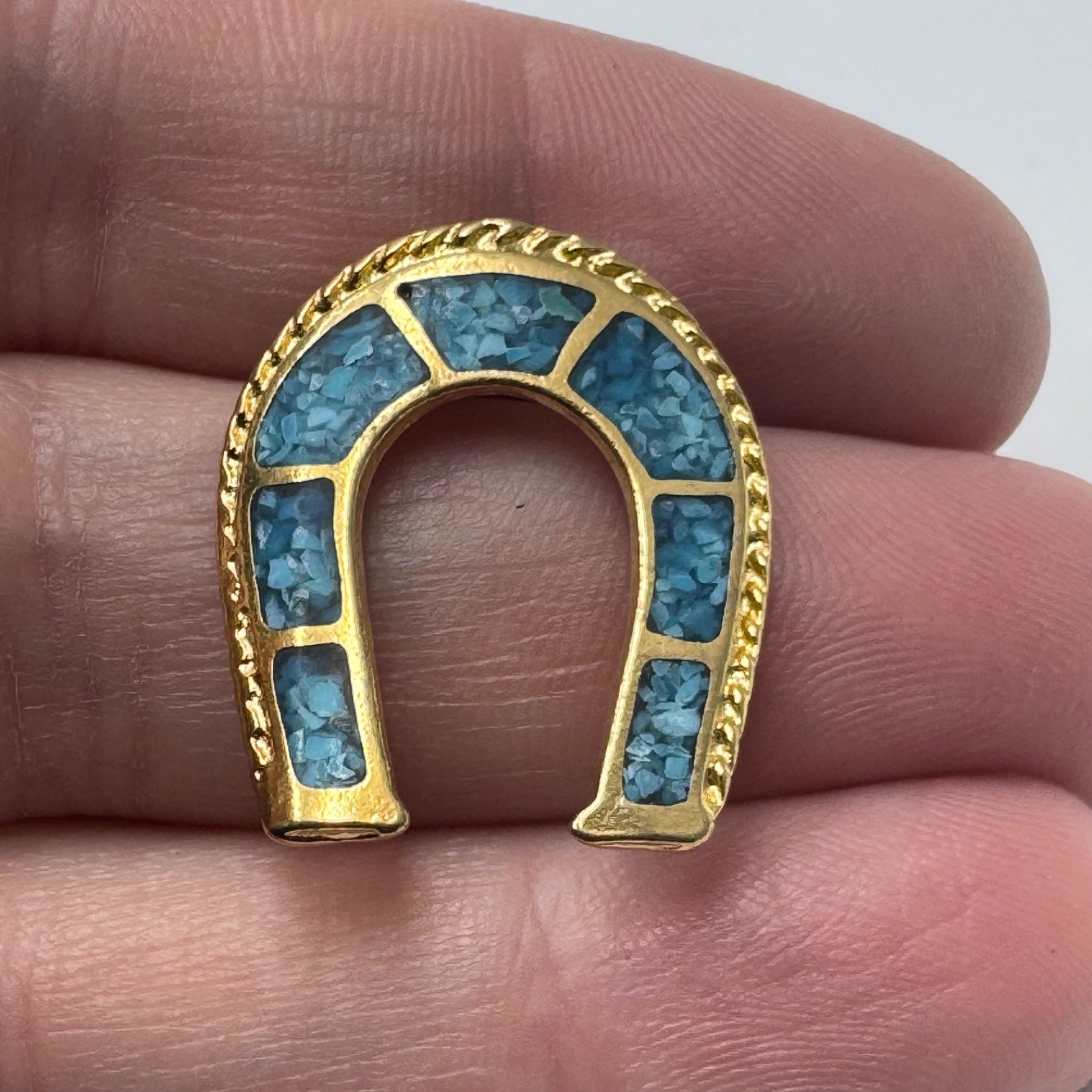 Vintage Horseshoe Lapel Pin Gold Tone Turquoise Look Inlay Lucky Western