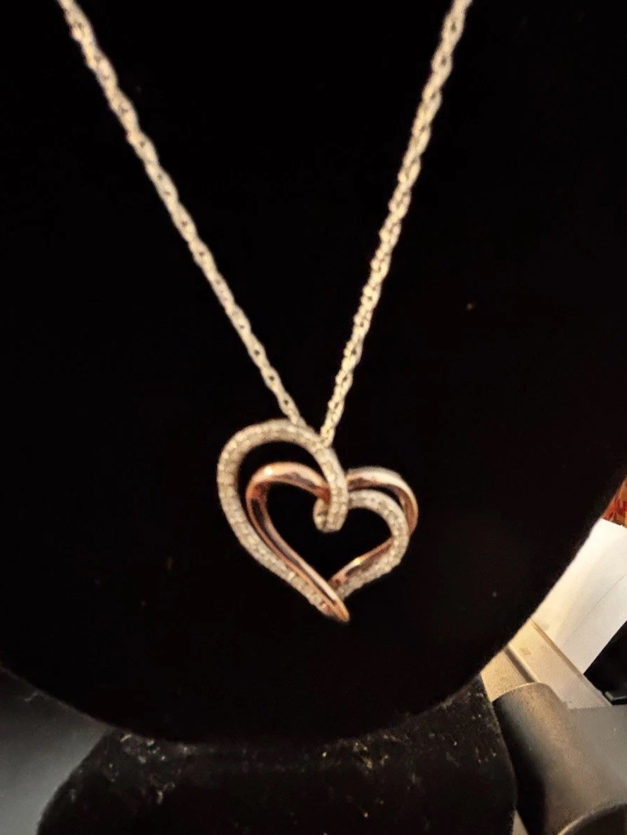 925 Sterling Silver & 1/8 Carat Diamond “2 Hearts Together As One” charm on 20in