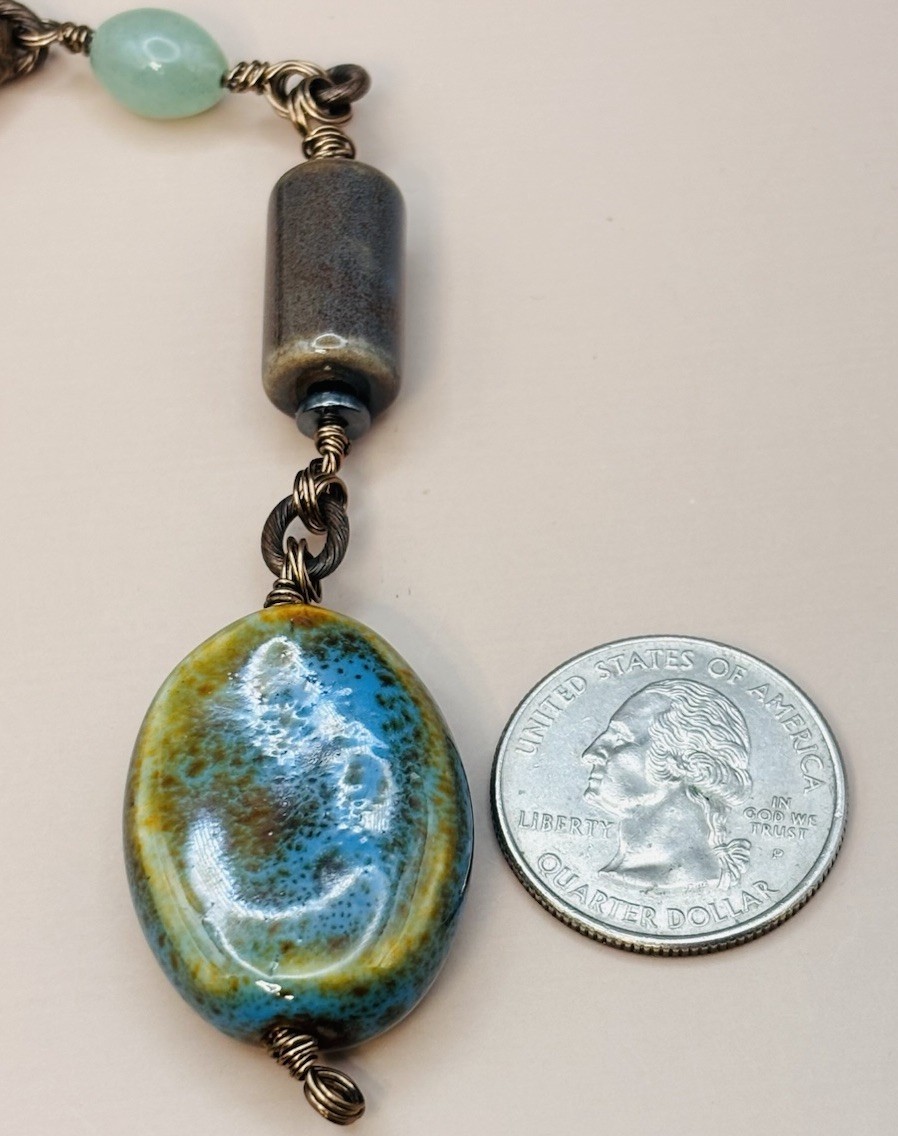Vintage Artisan Handmade Necklace Speckled Blue Green Bead Pendant 18” Cord