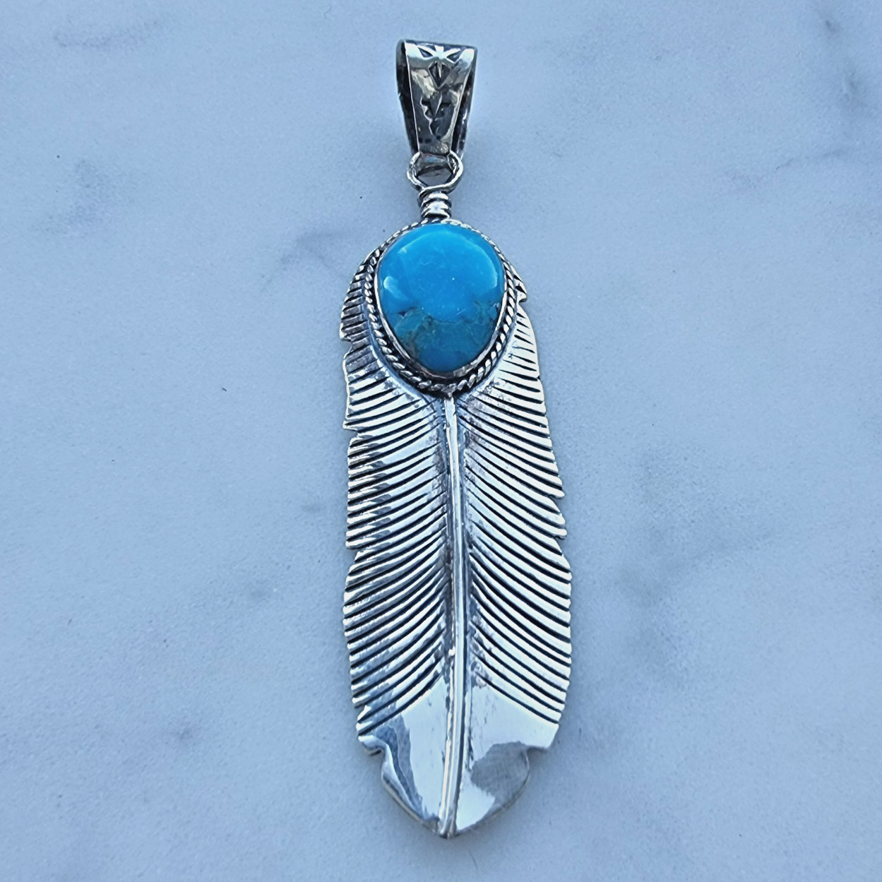 925 STERLING SILVER BLUE 17X12 MM. TEARDROP TURQUOISE FEATHER PENDANT
