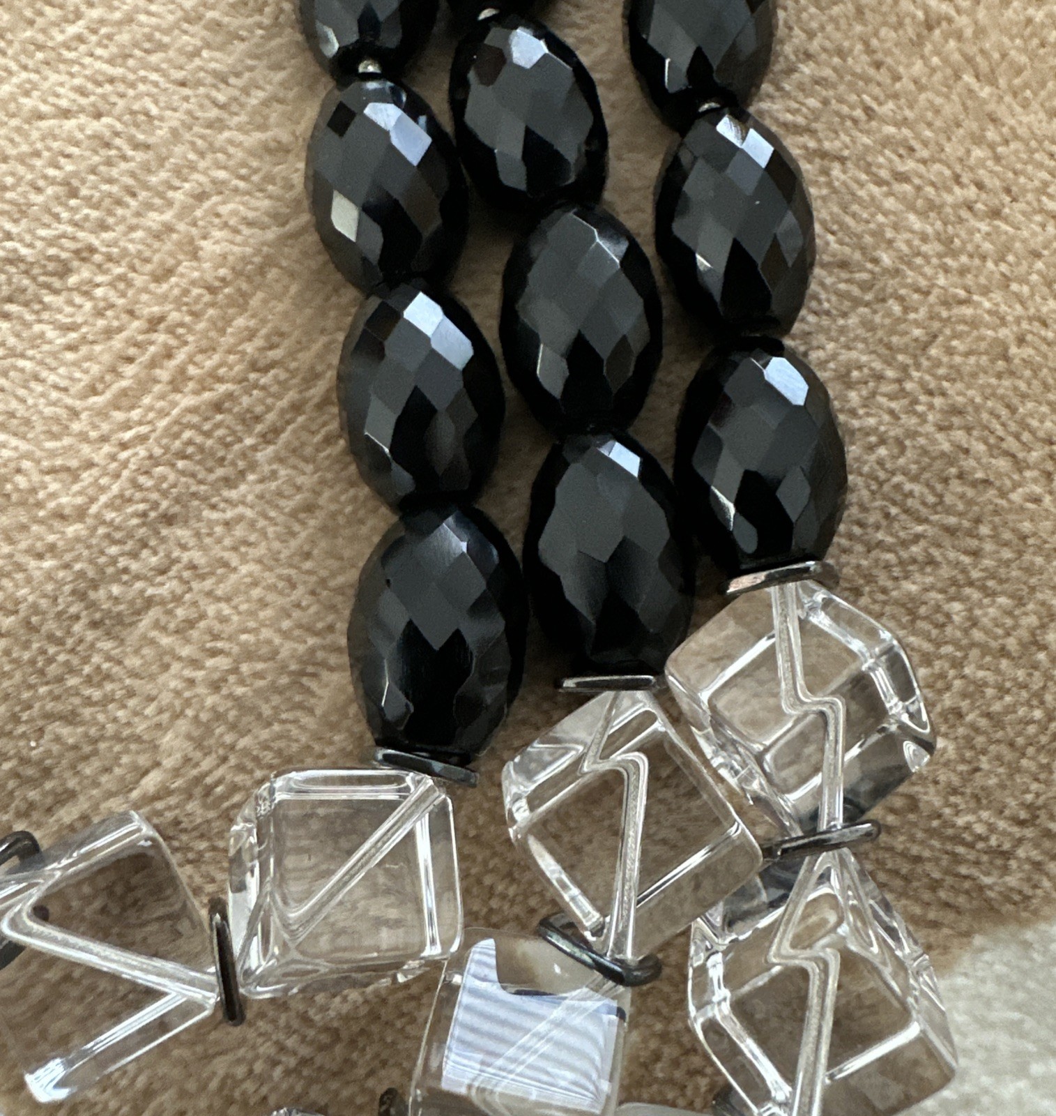 Simon Alcantara Faceted Black Bead Cube Quartz Clear Strand Statement Necklace