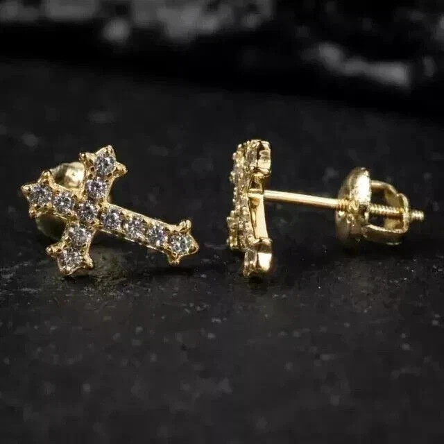 1 CT Round Cut Simulated Diamond Men Cross Stud Earrings 14k Yellow Gold Plated