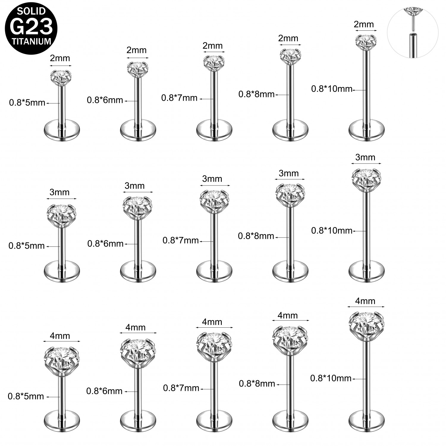 16G/18G/20G Titanium Lip Studs CZ Cartilage Earring Push in Labret Lip Piercing